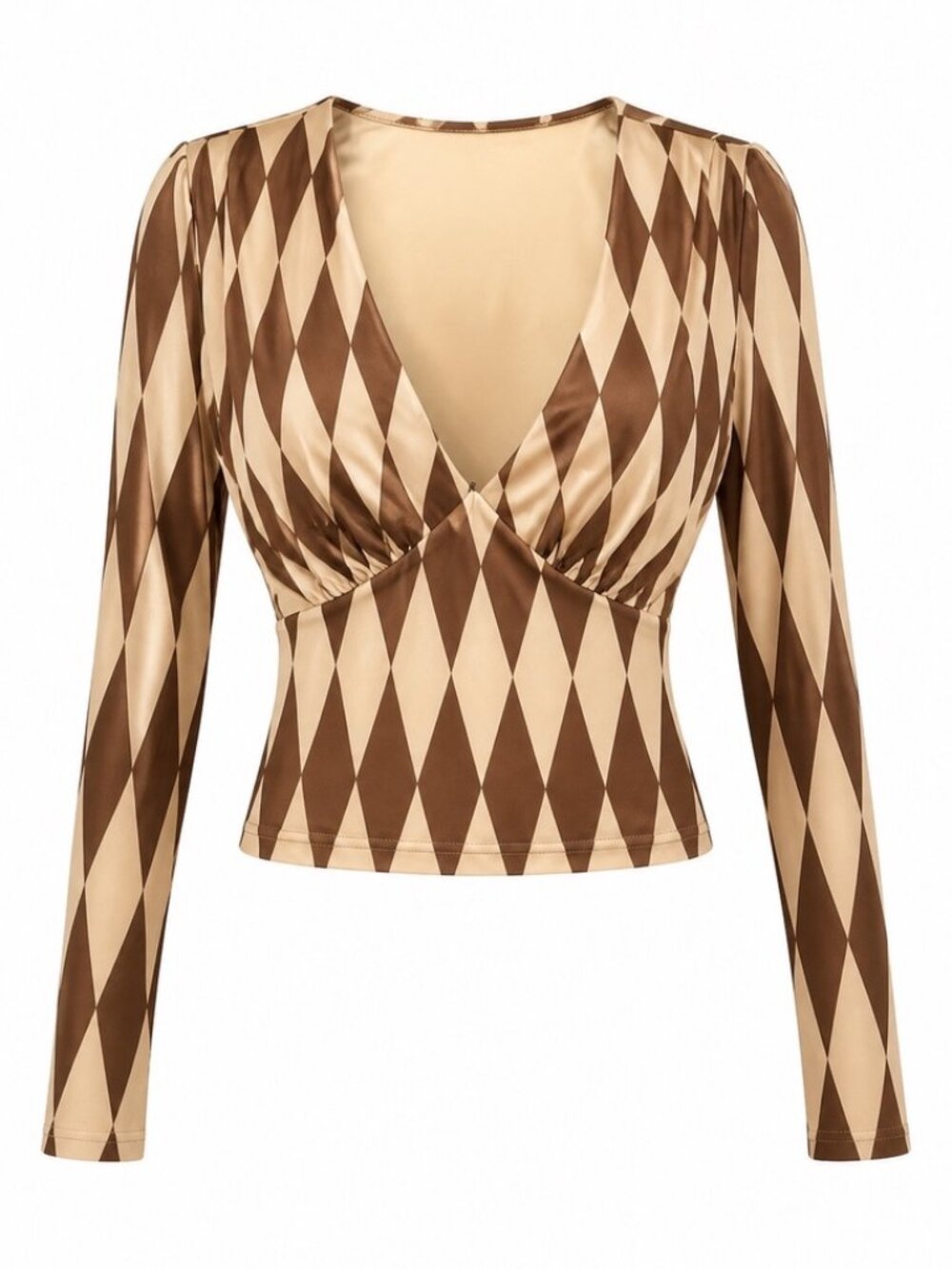 Forest Ink Brown and Tan Harlequin V Neck Top Size Medium